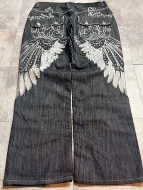 Y2K Imperious Wing Embroidered Baggy Jeans 34x32
